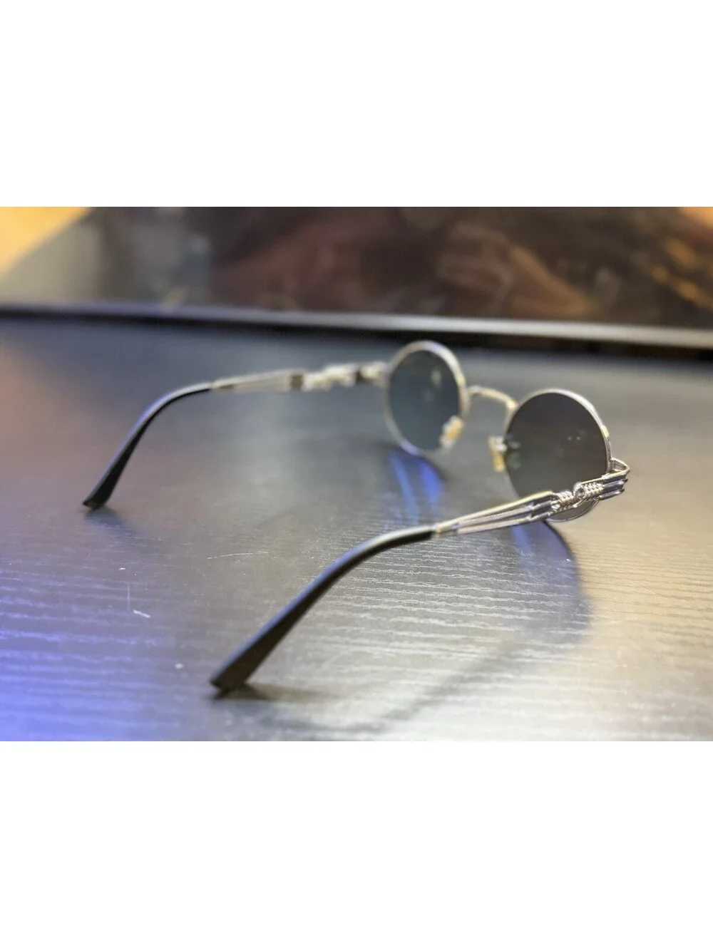 Retro Round Blue Lens Sunglasses Silver Metal Steampunk Wire Frame